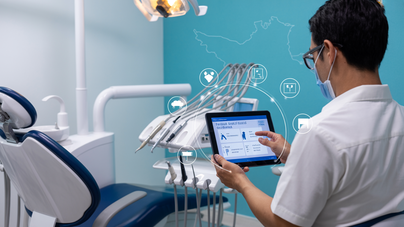 Dokter gigi akses rekam medis digital di klinik modern.
